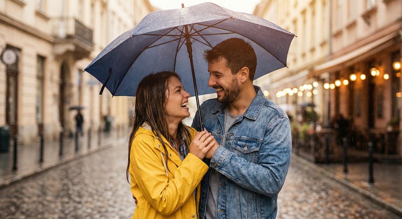Laughing in the rain on a date